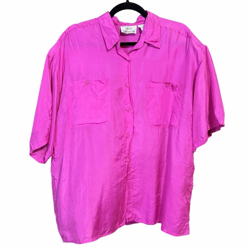 Vintage Laura Katherine plus size 20W 100% silk hot pink short sleeve button top